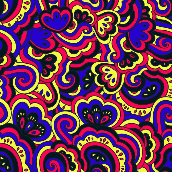 Bright psychedelic pattern with colorful curly doodle motifs.