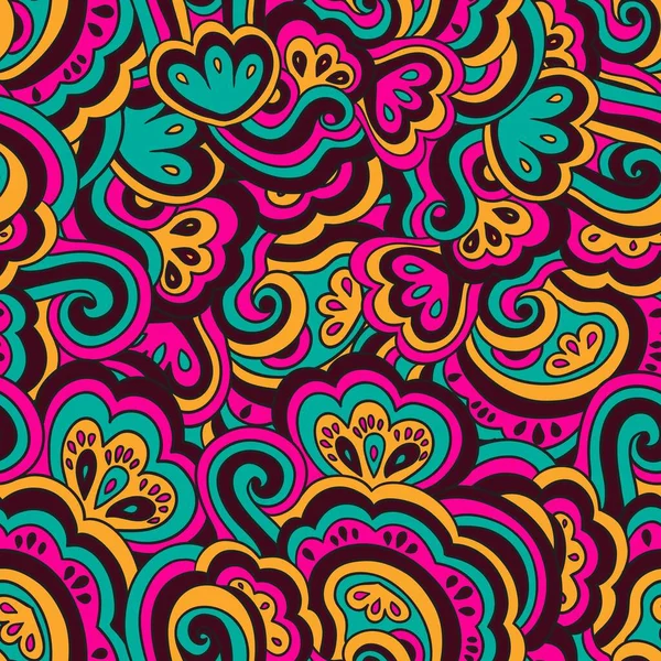 Helder psychedelisch patroon met kleurrijke krullende doodle motieven. — Stockvector