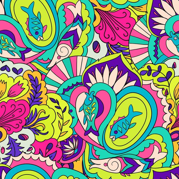 Бесшовный узор с красочными абстрактными и цветочными элементами.
