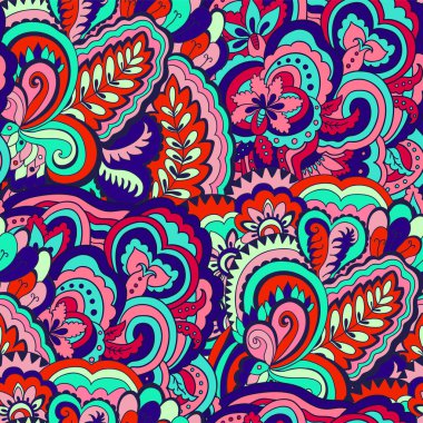 Renkli kıvrımlı karalama motifleriyle parlak psikedelik desen.