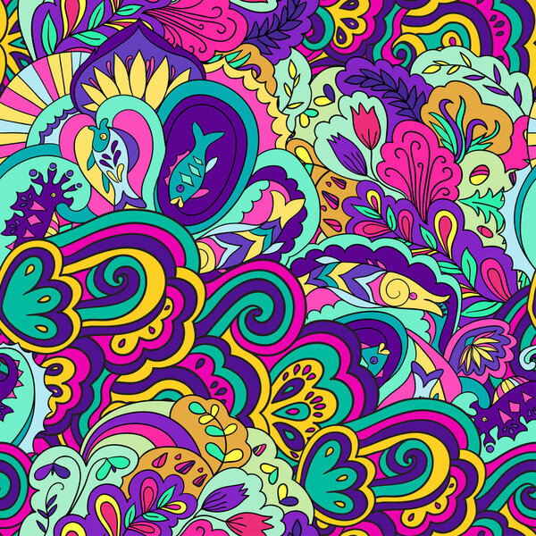 Seamless pattern with colorful abstract and floral elements.