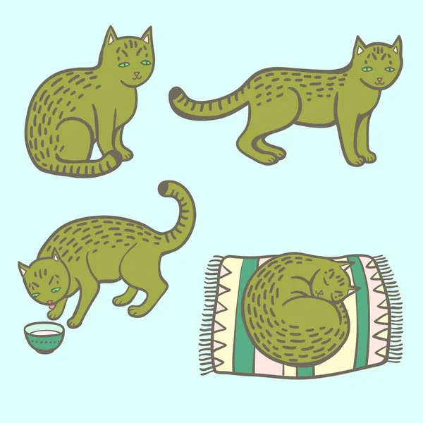 Χαριτωμένο καρτούν tabby γάτα σε διάφορες καταστάσεις, φαγητό, ύπνο και συνεδρίαση. — Διανυσματικό Αρχείο