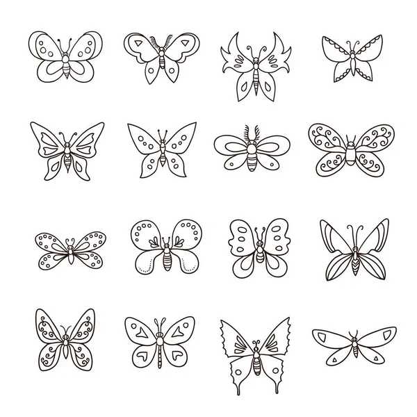Grande set di linea art farfalle minimaliste in bianco e nero. — Vettoriale Stock