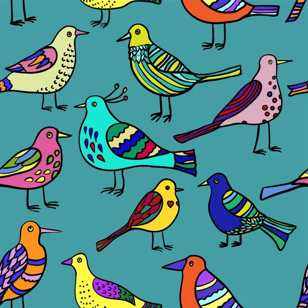 Sömlöst mönster med söta tecknade klotter fåglar. — Stock vektor