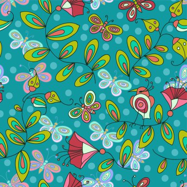 Çiçeklerle, kuşlarla ve kelebeklerle şirin, pürüzsüz desen.