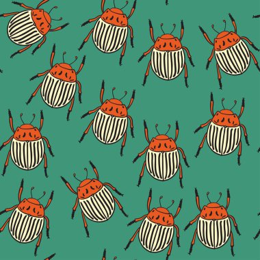 Yeşil arka planda patates böcekleri olan kusursuz bir desen..