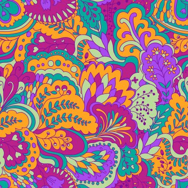 Renkli kıvrımlı karalama motifleriyle parlak psikedelik desen.