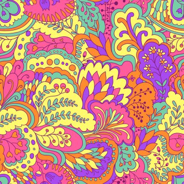 Renkli kıvrımlı karalama motifleriyle parlak psikedelik desen.