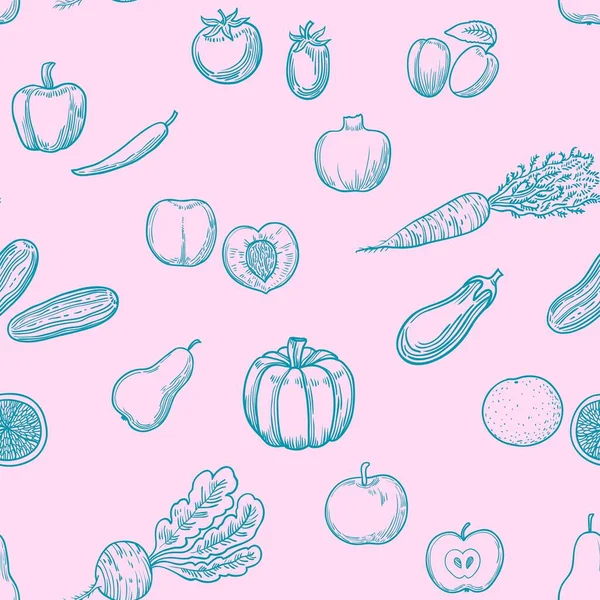 Naadloos patroon met met de hand getekende groenten en fruit — Stockvector
