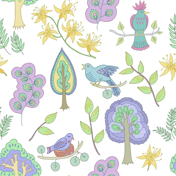 Lindo patrón de hadas con pájaros de fantasía y elementos florales — Vector de stock