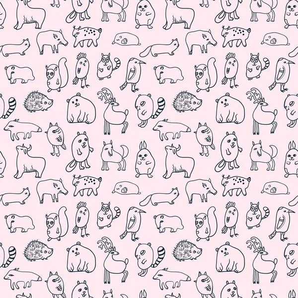 Sömlöst mönster med söta tecknade klotter djur — Stock vektor