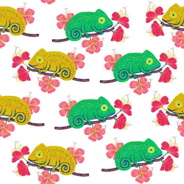 Kameleont på en gren med hibiskusblommor sömlöst mönster — Stock vektor