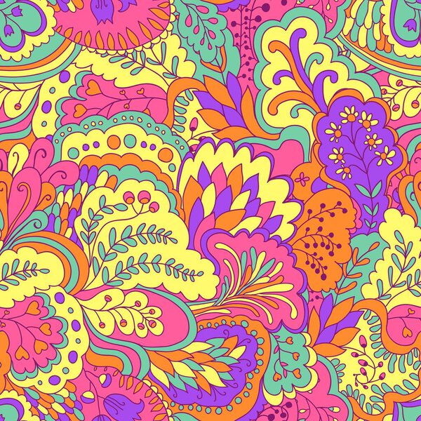 Яркий психоделический узор с красочными кудрявыми мотивами.
