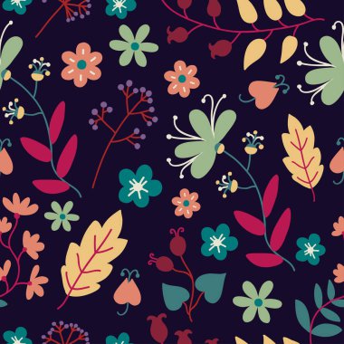 Şirin bitkiler ve çiçeklerle kusursuz desen. 