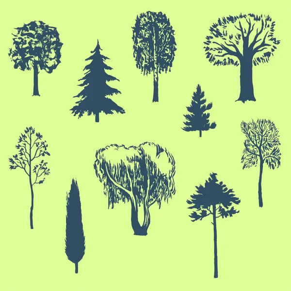 Set di alberi dipinti a mano isolati su sfondo — Vettoriale Stock