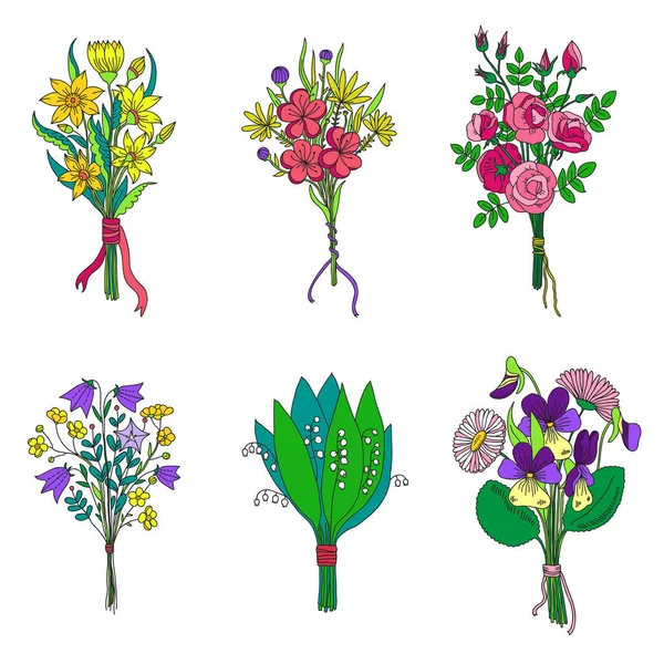 Zestaw z ręcznie rysowane kreskówki cute minimalistyczne bukiety kwiatowe — Wektor stockowy