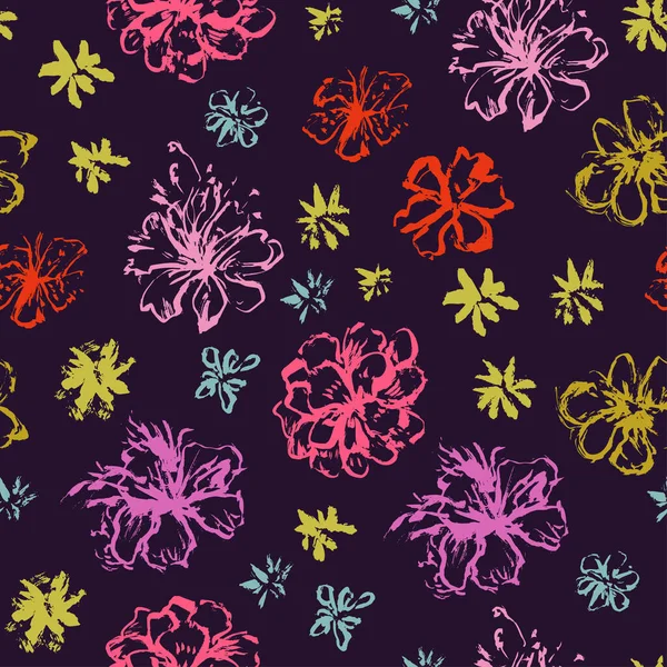 Seamless pattern with hand painted flowers grunge stroke elements — Stock Vector