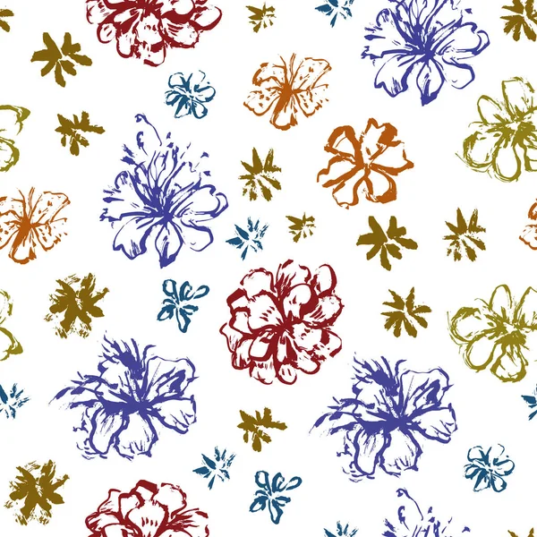 Seamless pattern with hand painted flowers grunge stroke elements — Stock Vector