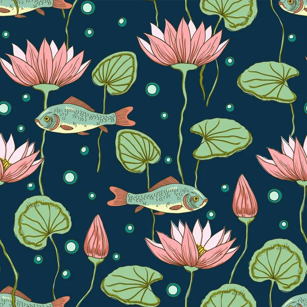 Adorable patrón sin costura con flores de loto, brotes y peces — Vector de stock