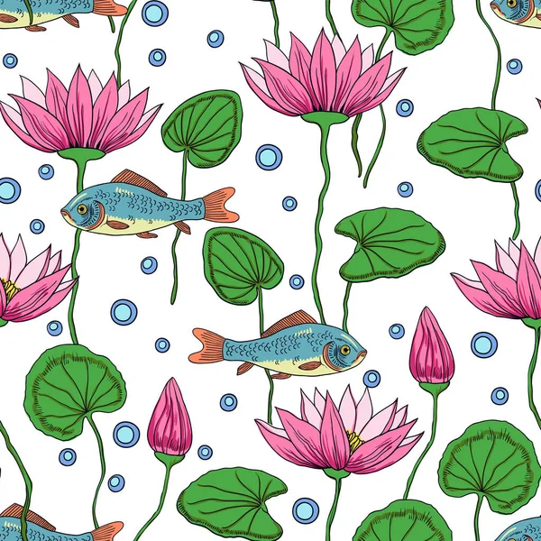 Härligt sömlöst mönster med lotusblommor, knoppar och fiskar — Stock vektor