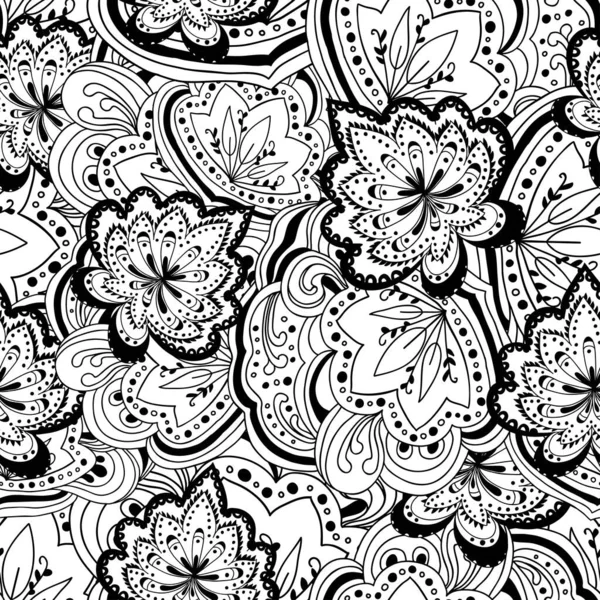 Abstrakt svart och vitt prydnadsmönster med paisley blommiga element — Stock vektor