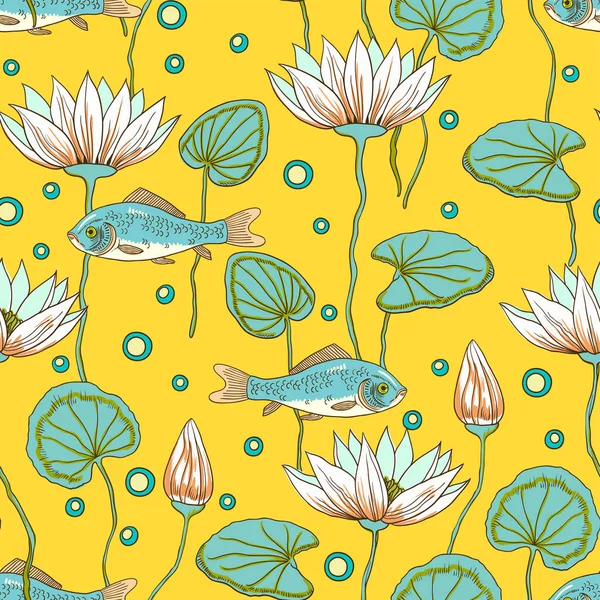 Adorable patrón sin costura con flores de loto, brotes y peces — Vector de stock