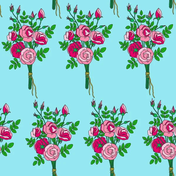 Modèle sans couture avec dessin animé dessiné à la main bouquets de roses minimalistes mignons — Image vectorielle