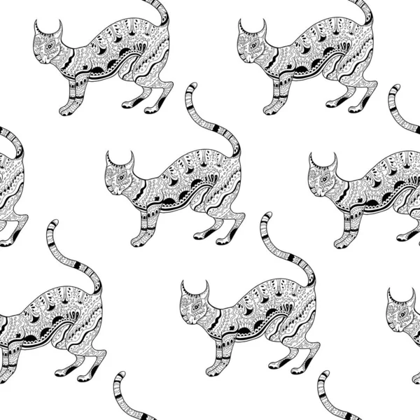 Sömlöst mönster med prydnads psykedelisk katt, — Stock vektor