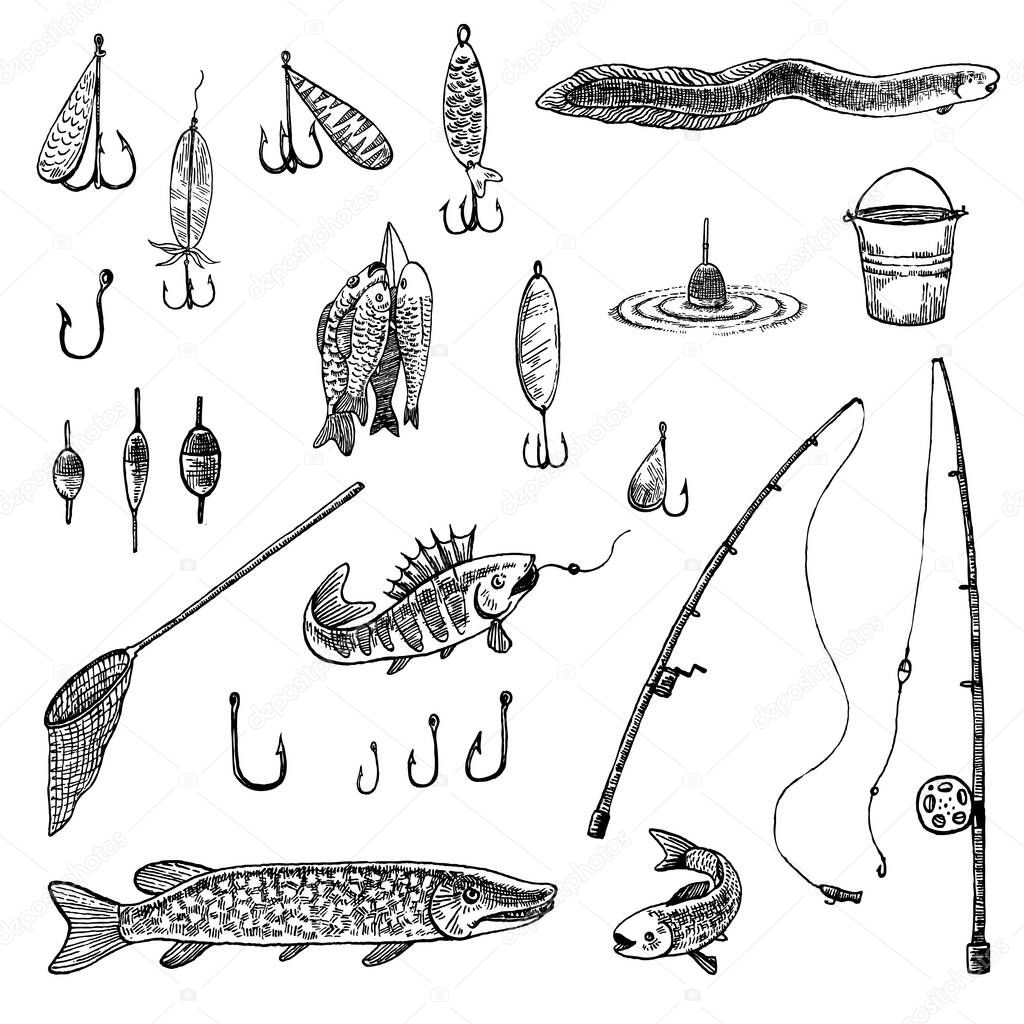 Hand drawn ink set of fishing equipment, hook, boots, rod