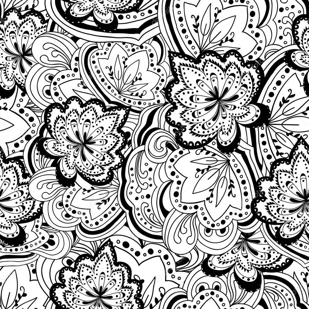 Abstract black and white ornamental pattern with paisley floral elements