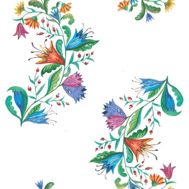 Kusursuz desenli, elle çizilmiş suluboya çiçekli, klasik dekoratif dallı..