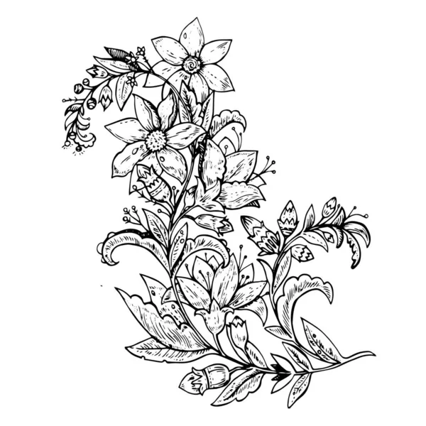 Rama floral retro vintage para diseño y decoración. Dibujo a mano de tinta. — Foto de Stock