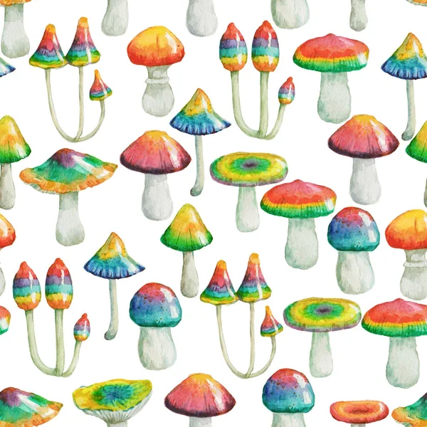 Sömlöst akvarellmönster med handmålade psykedeliska svampar. — Stockfoto