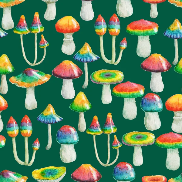 Seamless watercolor pattern with hand painted psychedelic mushrooms.