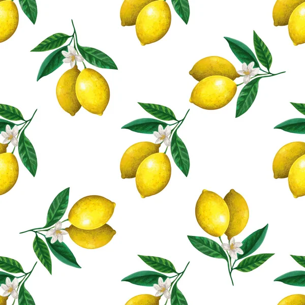 Çiçekli ve mavi arka planda meyveli suluboya eski limon dallarıyla kusursuz desen.