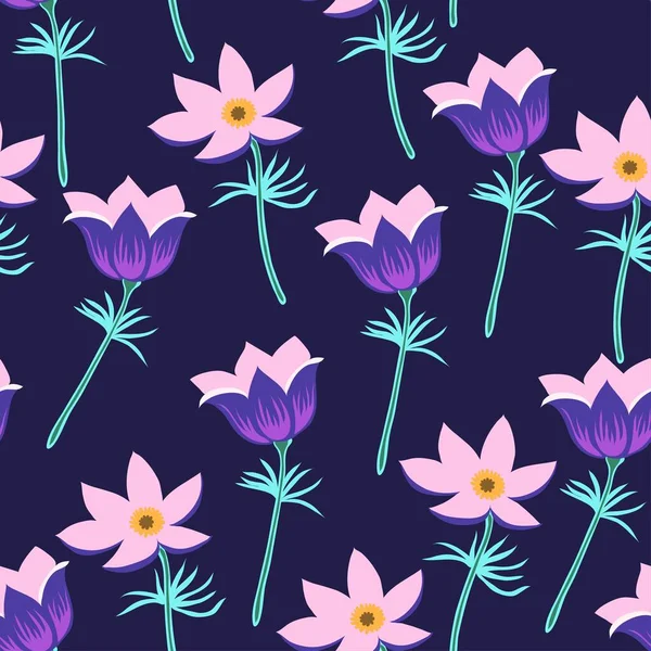 Motif floral sans couture avec des fleurs pulsatilla — Image vectorielle