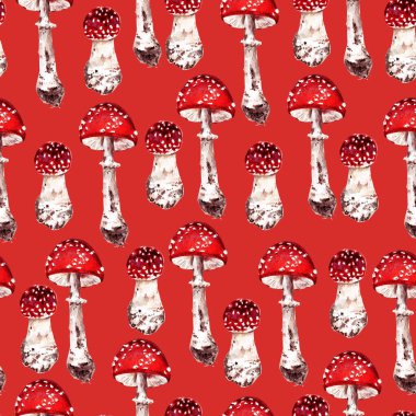 Orman mantarlarıyla kusursuz desen. Suluboya gerçekçi illüstrasyon