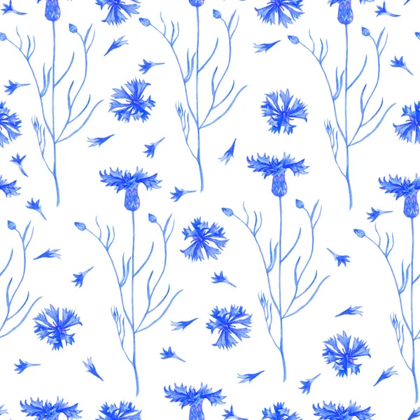 Flores de aciano azul y pétalos patrón sin costuras. Ilustración en acuarela aislada sobre fondo blanco. — Foto de Stock