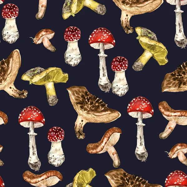 Płynny wzór z leśnymi grzybami. Akwarela realistyczna ilustracja — Zdjęcie stockowe