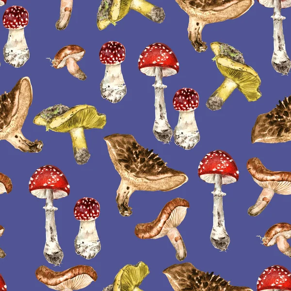 Płynny wzór z leśnymi grzybami. Akwarela realistyczna ilustracja — Zdjęcie stockowe