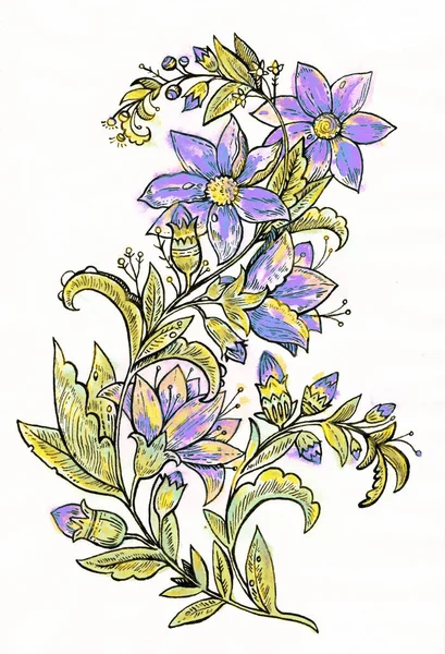 Rama floral retro vintage para diseño y decoración. Dibujo a mano de tinta. —  Fotos de Stock