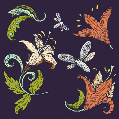 Kaliteli mürekkep zambak çiçekleri ve kelebekleri çekti. Retro dekorasyon ögeleri.