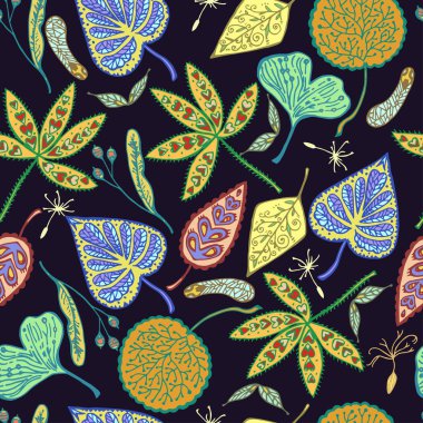 Süslü yapraklar ve tohumlarla sonbahar pürüzsüz deseni. El çizimi vektör illüstrasyonu. 