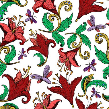 Kaliteli mürekkep zambak çiçekleri ve kelebekleri çekti. Retro dekorasyon ögeleri.