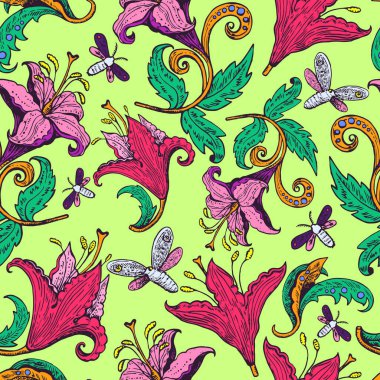 Kaliteli mürekkep zambak çiçekleri ve kelebekleri çekti. Retro dekorasyon ögeleri.