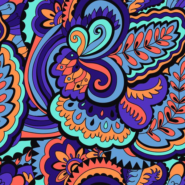 Seamless psychedelic pattern with crazy colorful ornamental elements.