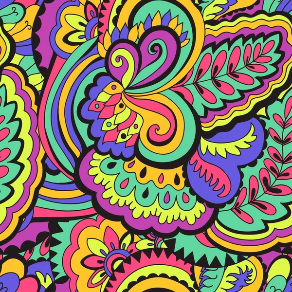 Seamless psychedelic pattern with crazy colorful ornamental elements. — Stock Vector