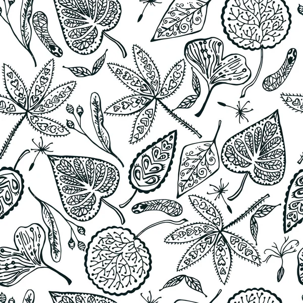 Jesienny bezszwowy wzór z ozdobnymi liśćmi i nasionami. Ilustracja wektora narysowanego ręcznie. — Wektor stockowy