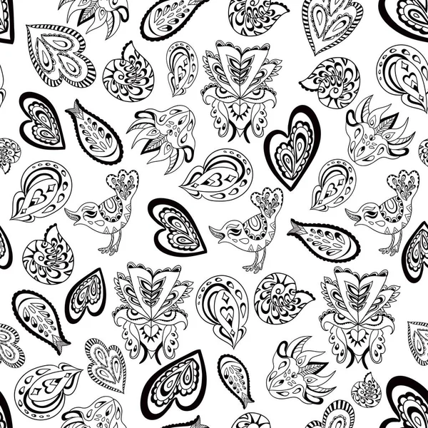 Seamless psychedelic pattern with crazy black and white ornamental elements. — Stock Vector