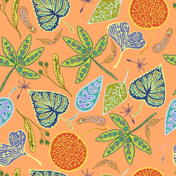Осінній безшовний візерунок з декоративними листям і насінням. Рука намальована Векторні ілюстрації . — стоковий вектор